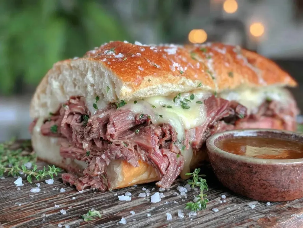 easy slow cooker french dip sandwich - featured image