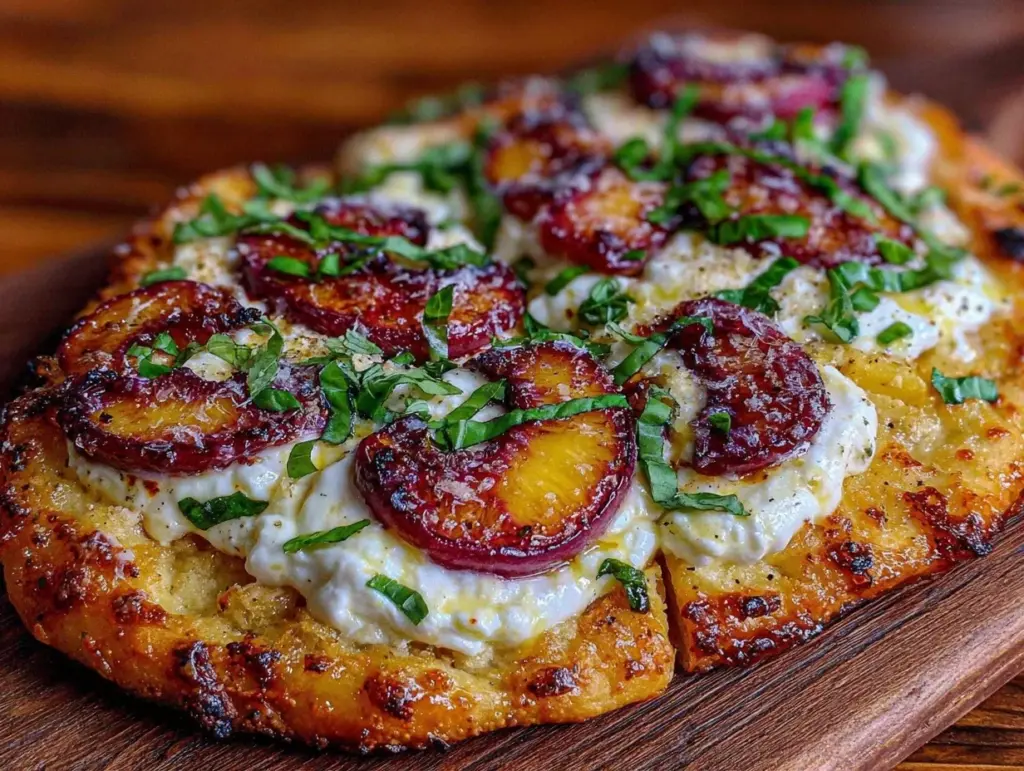 grilled peach and burrata flatbread - featured image